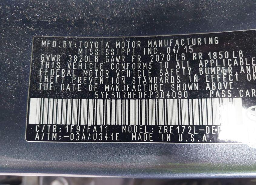 Photo 9 of 2015 Toyota Corolla L (VIN 5YFBURHE0FP304090)