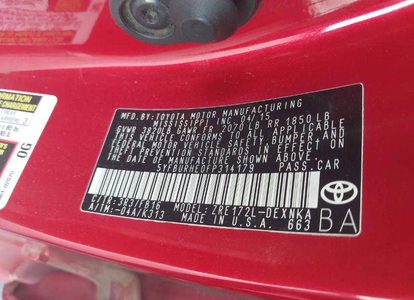 Photo 9 of 2015 Toyota Corolla L/LE/LE PLS/PRM/S/S PLS (VIN 5YFBURHE0FP314179)