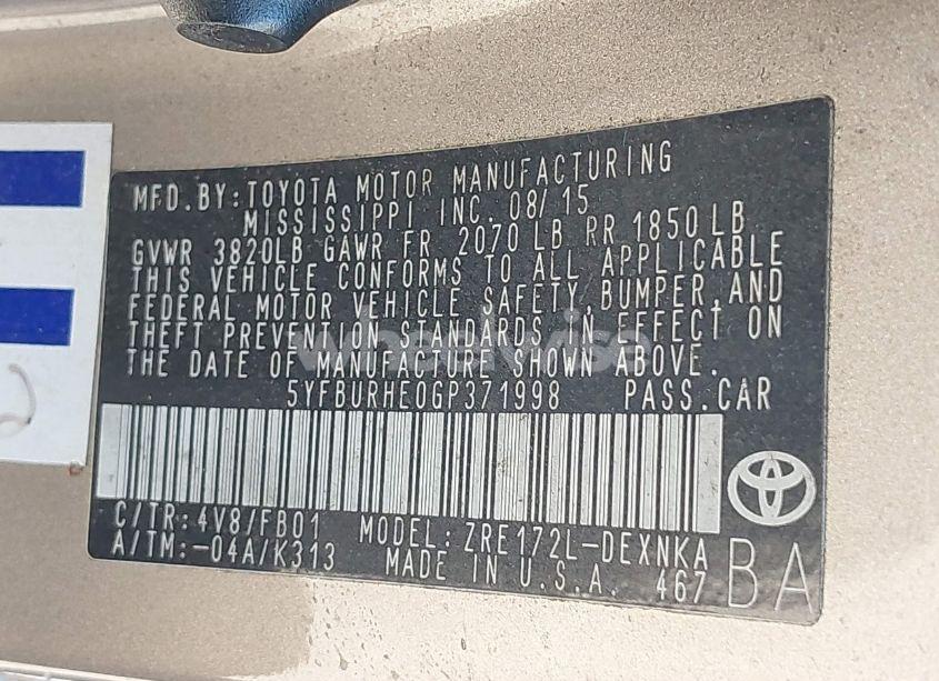 Photo 9 of 2016 Toyota Corolla LE (VIN 5YFBURHE0GP371998)