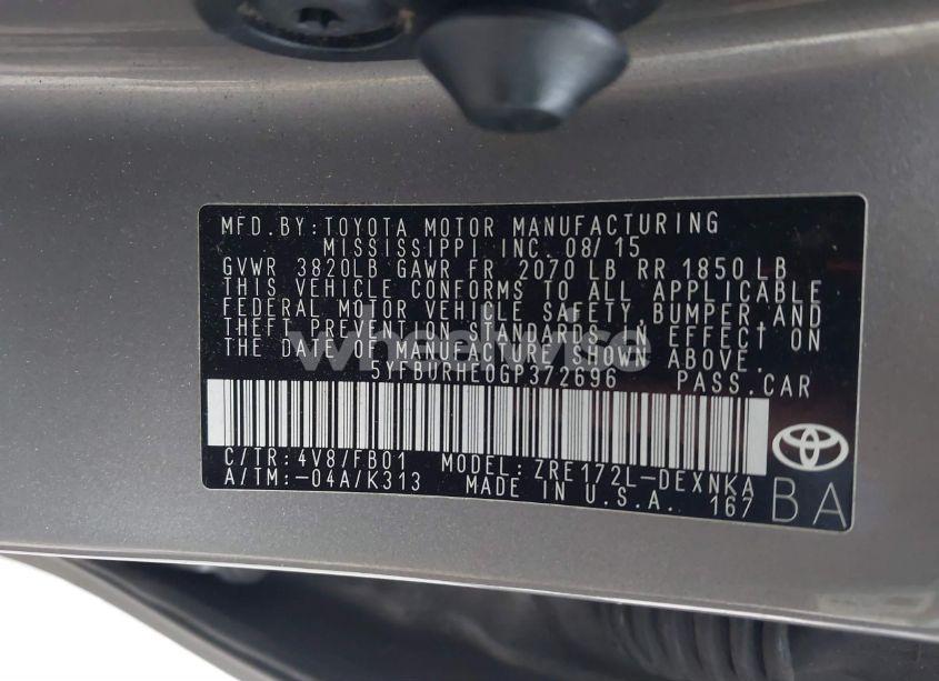 Photo 9 of 2016 Toyota Corolla LE (VIN 5YFBURHE0GP372696)