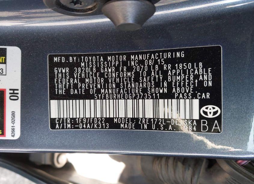 Photo 9 of 2016 Toyota Corolla S PLUS (VIN 5YFBURHE0GP373511)