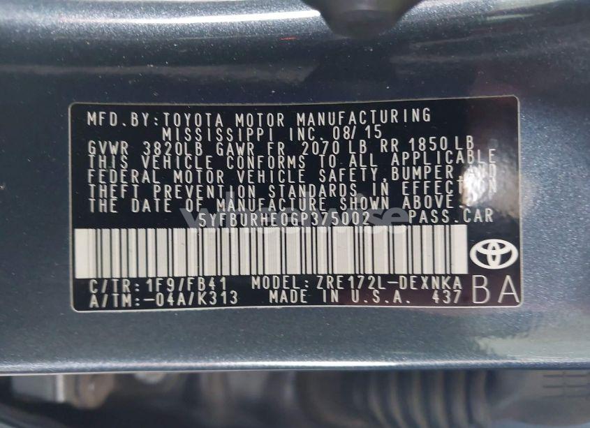 Photo 9 of 2016 Toyota Corolla LE (VIN 5YFBURHE0GP375002)