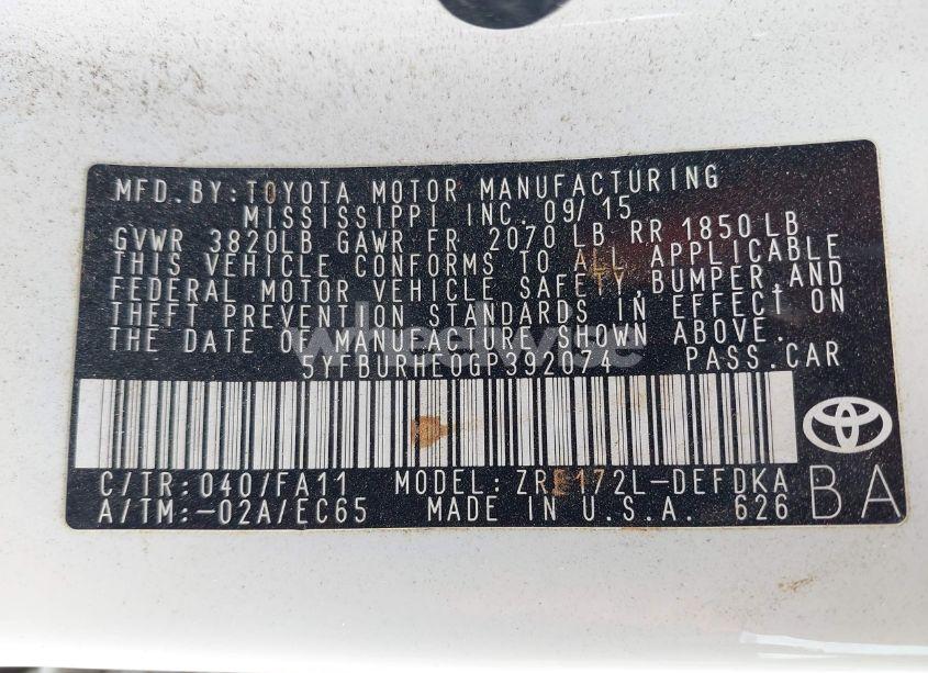 Photo 9 of 2016 Toyota Corolla L (VIN 5YFBURHE0GP392074)