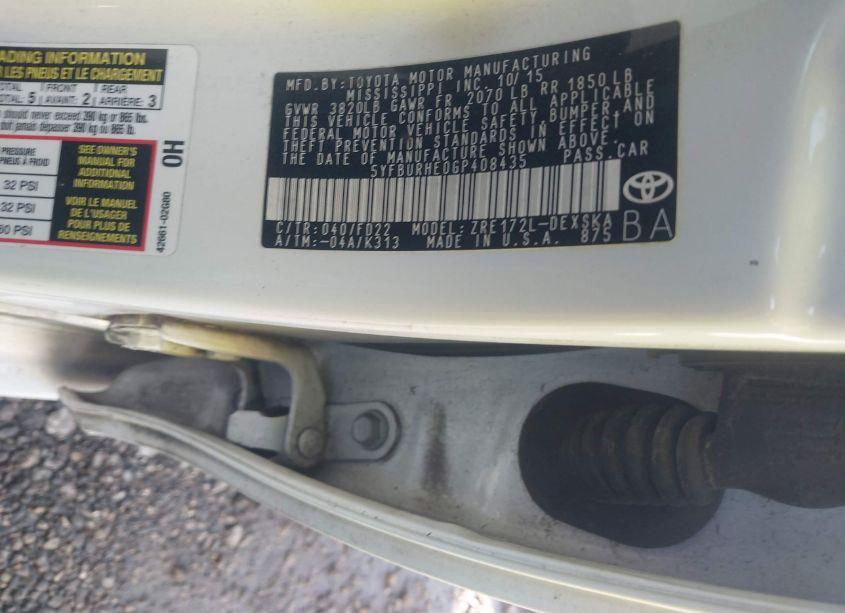 Photo 9 of 2016 Toyota Corolla S PLUS (VIN 5YFBURHE0GP408435)