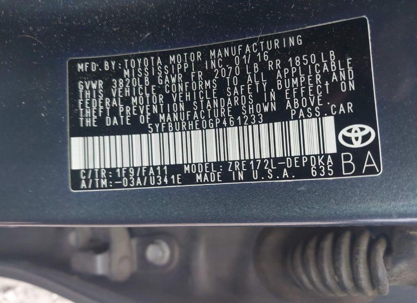 Photo 9 of 2016 Toyota Corolla L (VIN 5YFBURHE0GP461233)