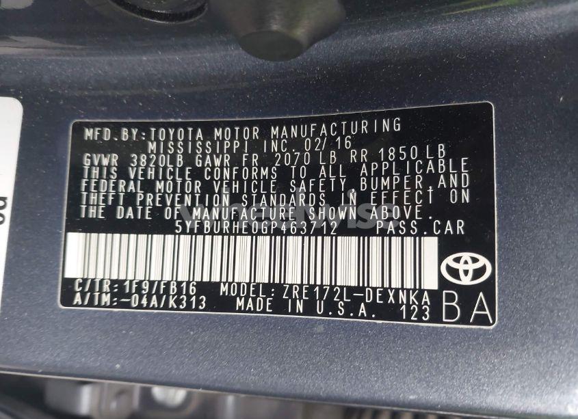 Photo 9 of 2016 Toyota Corolla LE PLUS (VIN 5YFBURHE0GP463712)
