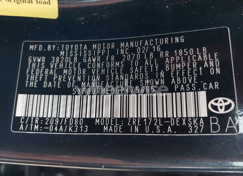 Photo 9 of 2016 Toyota Corolla S PLUS (VIN 5YFBURHE0GP475665)