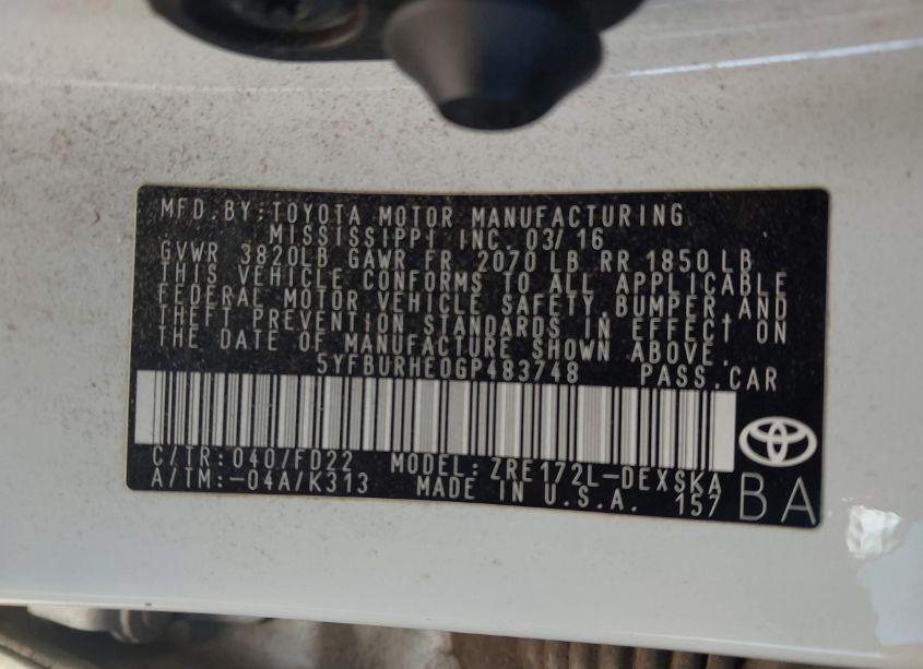 Photo 9 of 2016 Toyota Corolla S PLUS (VIN 5YFBURHE0GP483748)