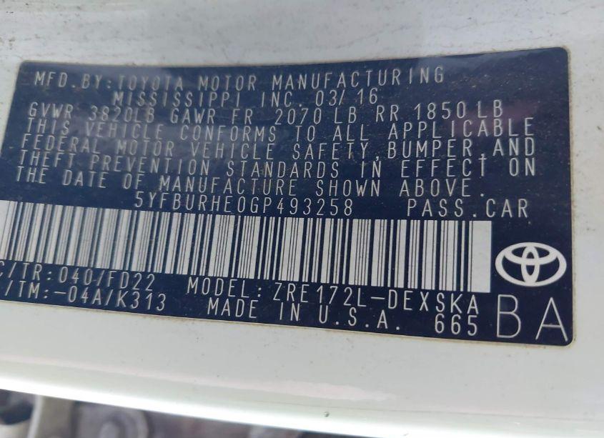 Photo 9 of 2016 Toyota Corolla S (VIN 5YFBURHE0GP493258)