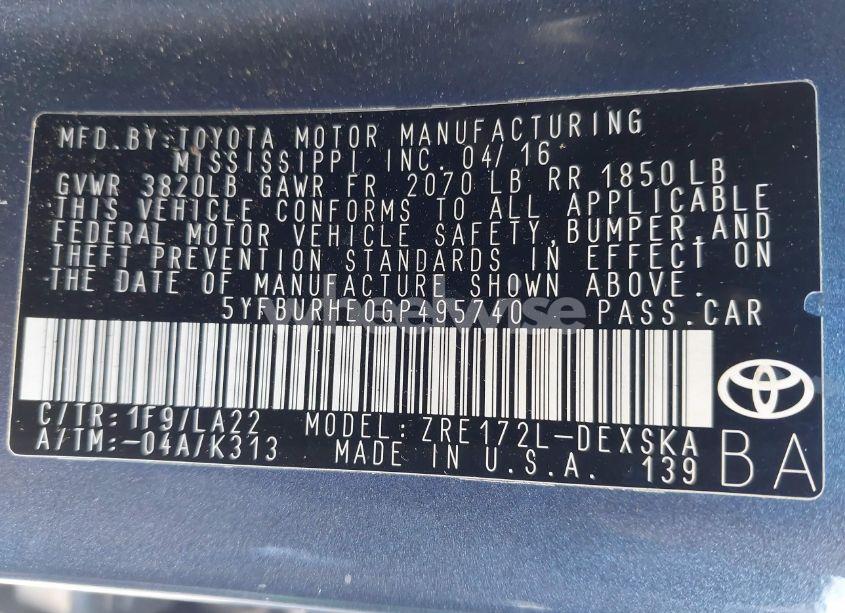 Photo 9 of 2016 Toyota Corolla S PREMIUM (VIN 5YFBURHE0GP495740)