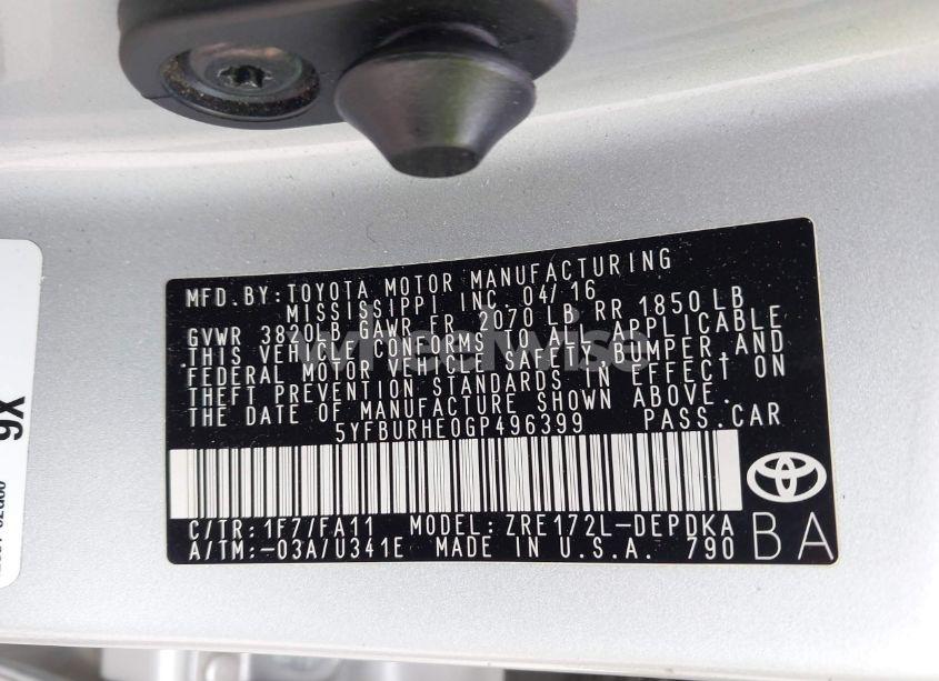 Photo 9 of 2016 Toyota Corolla L (VIN 5YFBURHE0GP496399)