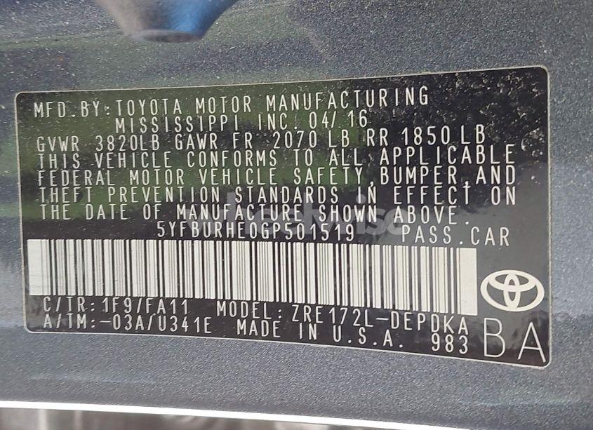 Photo 9 of 2016 Toyota Corolla L (VIN 5YFBURHE0GP501519)