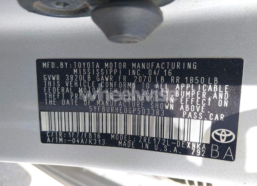 Photo 9 of 2016 Toyota Corolla LE (VIN 5YFBURHE0GP503383)