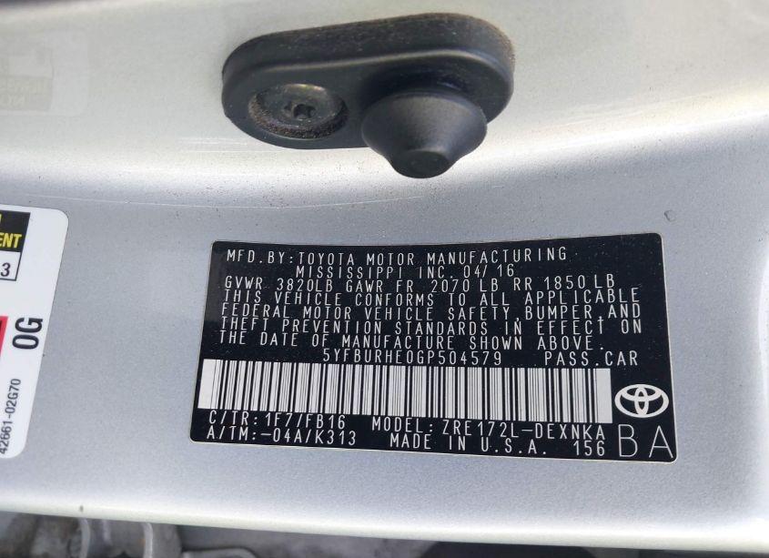 Photo 9 of 2016 Toyota Corolla LE (VIN 5YFBURHE0GP504579)