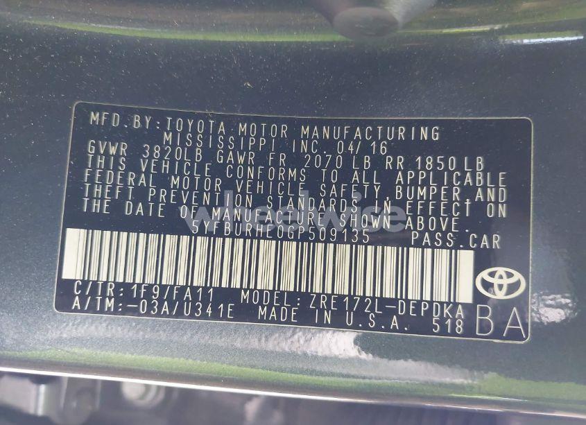 Photo 9 of 2016 Toyota Corolla L (VIN 5YFBURHE0GP509135)