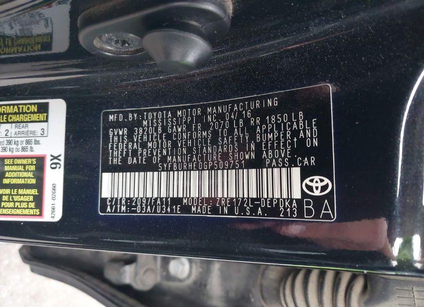 Photo 9 of 2016 Toyota Corolla L (VIN 5YFBURHE0GP509751)