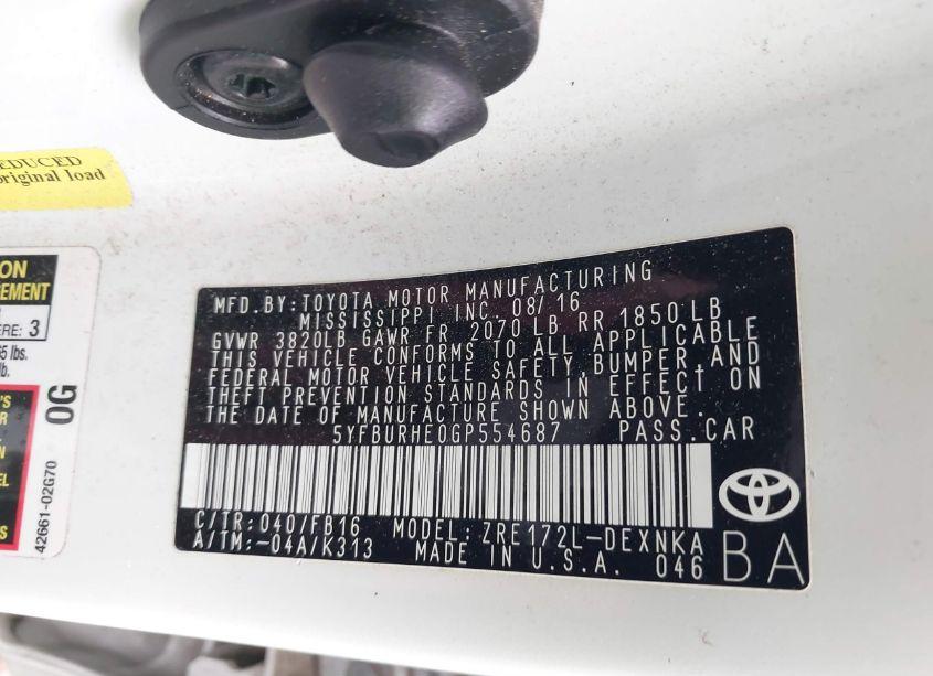 Photo 9 of 2016 Toyota Corolla LE (VIN 5YFBURHE0GP554687)