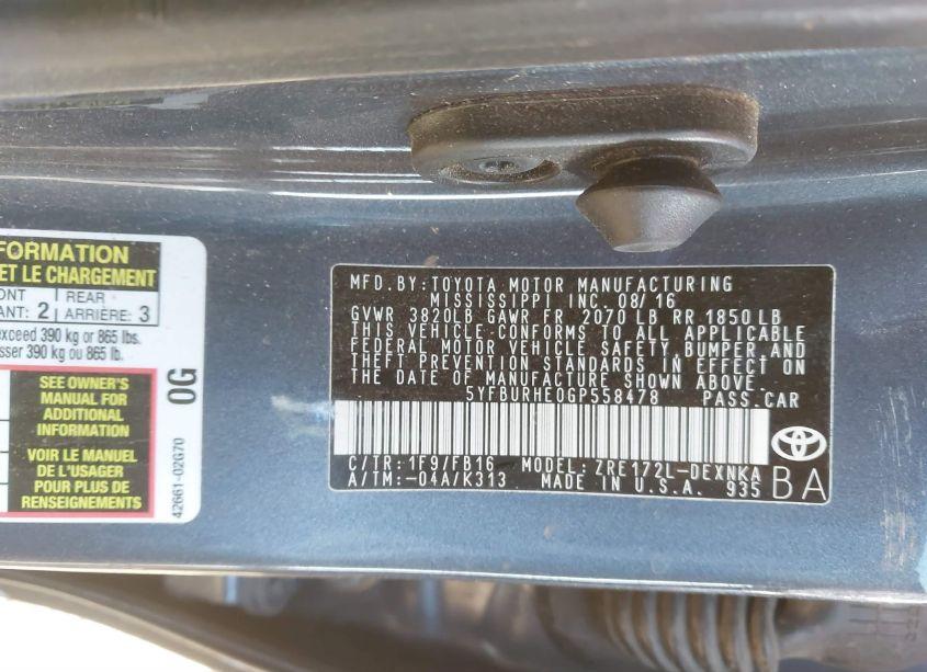 Photo 9 of 2016 Toyota Corolla LE (VIN 5YFBURHE0GP558478)