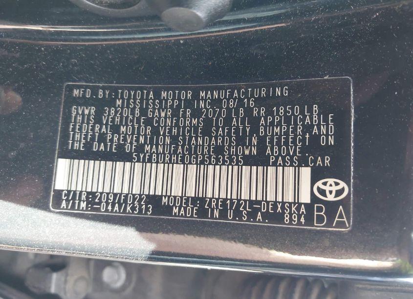 Photo 9 of 2016 Toyota Corolla S PLUS (VIN 5YFBURHE0GP563535)