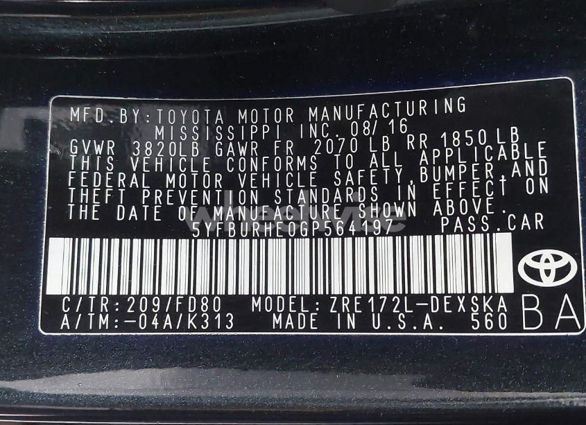 Photo 9 of 2016 Toyota Corolla S PLUS (VIN 5YFBURHE0GP564197)