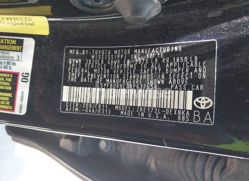 Photo 9 of 2017 Toyota Corolla LE (VIN 5YFBURHE0HP617658)