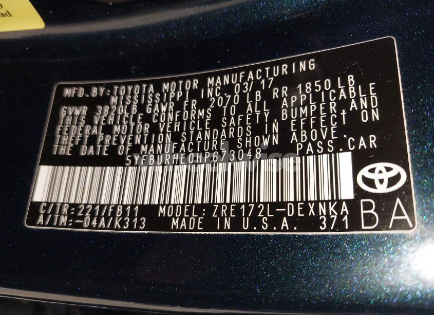 Photo 9 of 2017 Toyota Corolla LE (VIN 5YFBURHE0HP673048)