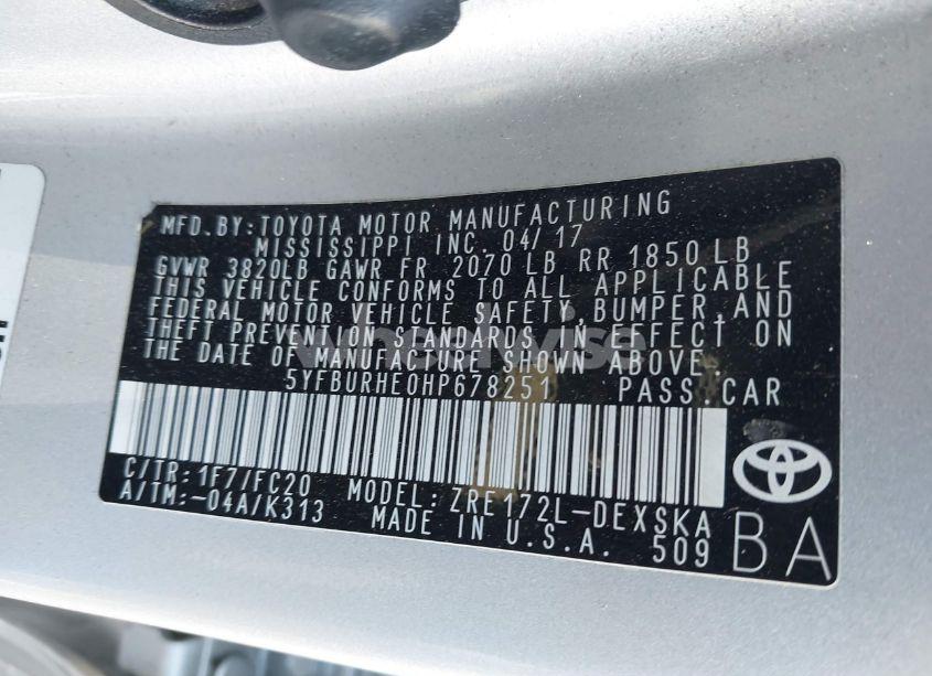 Photo 9 of 2017 Toyota Corolla L/LE/XLE/SE/XSE (VIN 5YFBURHE0HP678251)