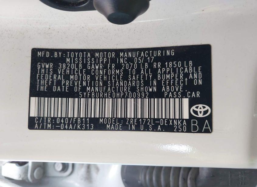 Photo 9 of 2017 Toyota Corolla LE (VIN 5YFBURHE0HP700992)