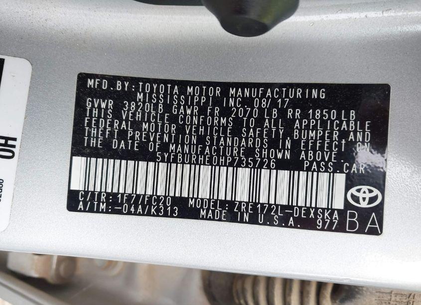 Photo 9 of 2017 Toyota Corolla SE (VIN 5YFBURHE0HP735726)