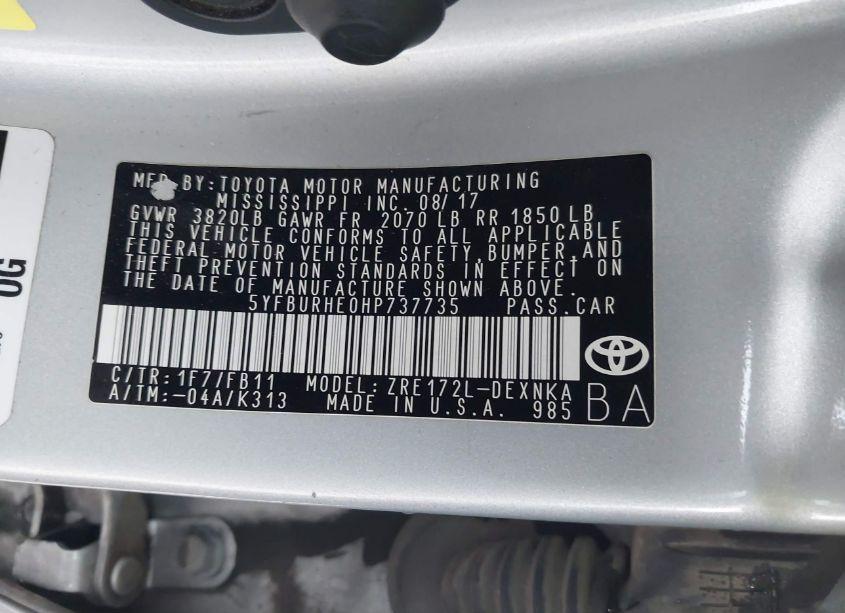 Photo 9 of 2017 Toyota Corolla LE (VIN 5YFBURHE0HP737735)