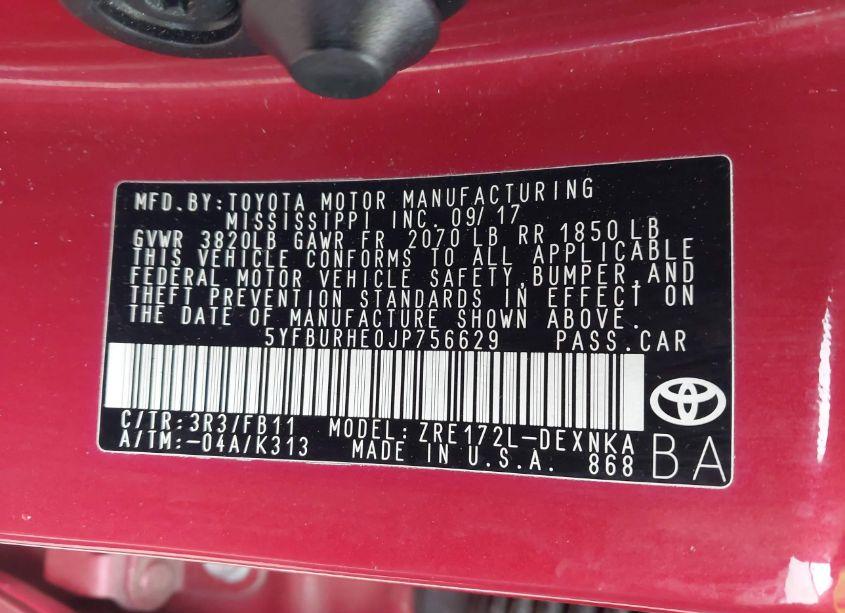 Photo 9 of 2018 Toyota Corolla LE (VIN 5YFBURHE0JP756629)