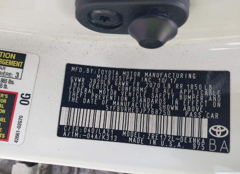 Photo 9 of 2018 Toyota Corolla XLE (VIN 5YFBURHE0JP768750)