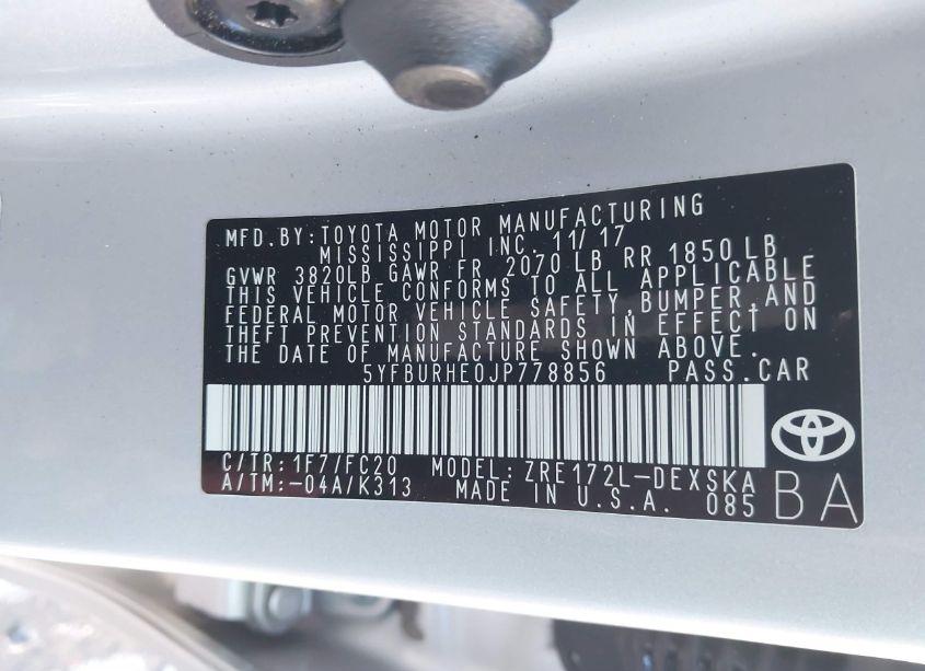 Photo 9 of 2018 Toyota Corolla SE (VIN 5YFBURHE0JP778856)