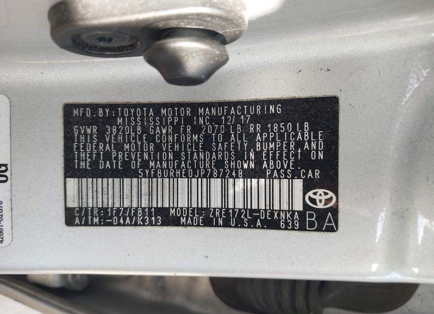 Photo 9 of 2018 Toyota Corolla LE (VIN 5YFBURHE0JP787248)