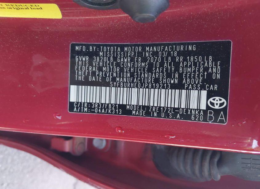 Photo 9 of 2018 Toyota Corolla LE (VIN 5YFBURHE0JP819213)