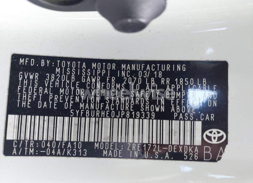 Photo 9 of 2018 Toyota Corolla L (VIN 5YFBURHE0JP819339)