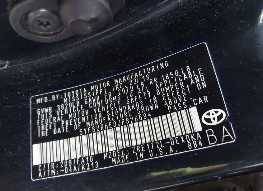 Photo 9 of 2018 Toyota Corolla (VIN 5YFBURHE0JP826694)