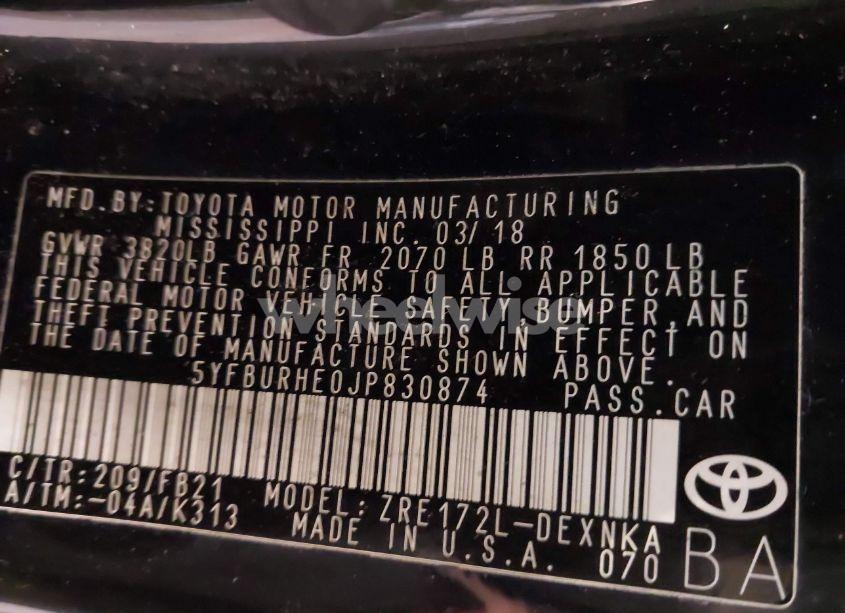 Photo 9 of 2018 Toyota Corolla LE (VIN 5YFBURHE0JP830874)