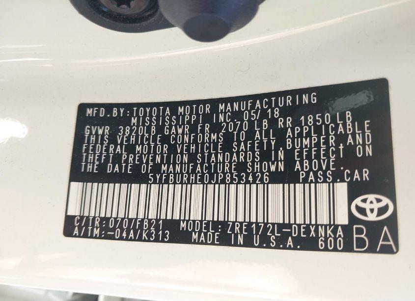 Photo 9 of 2018 Toyota Corolla LE (VIN 5YFBURHE0JP853426)