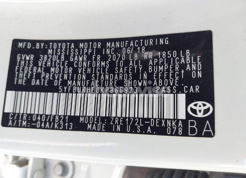 Photo 9 of 2019 Toyota Corolla LE (VIN 5YFBURHE0KP866923)