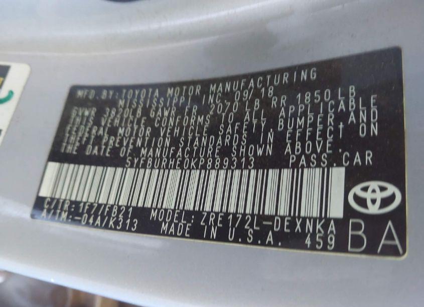 Photo 9 of 2019 Toyota Corolla LE (VIN 5YFBURHE0KP889313)