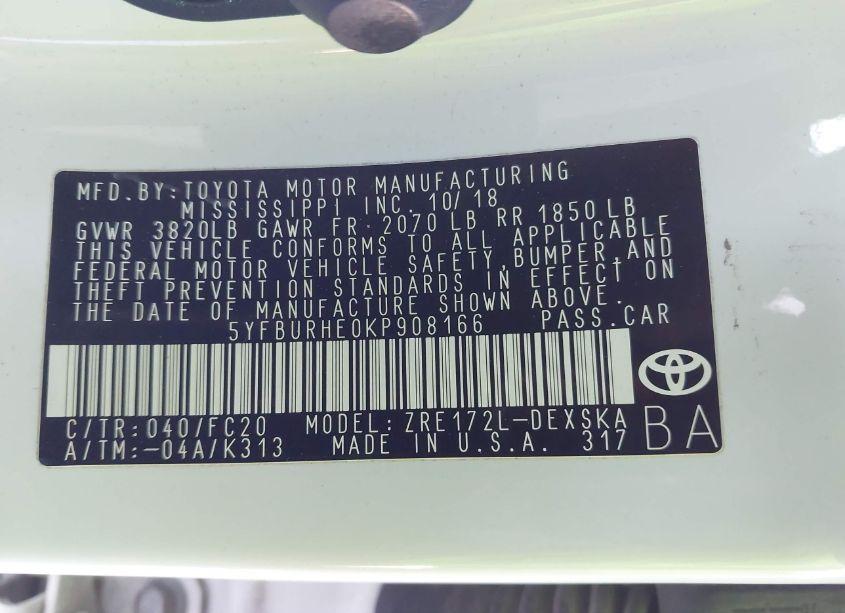 Photo 8 of 2019 Toyota Corolla SE (VIN 5YFBURHE0KP908166)