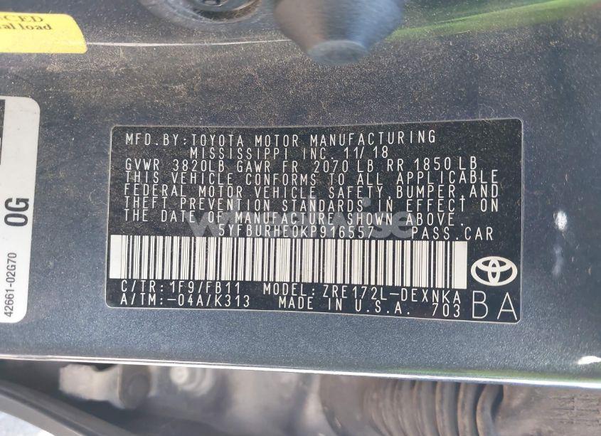 Photo 9 of 2019 Toyota Corolla LE (VIN 5YFBURHE0KP916557)