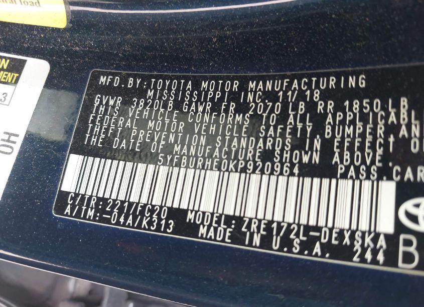 Photo 9 of 2019 Toyota Corolla SE (VIN 5YFBURHE0KP920964)