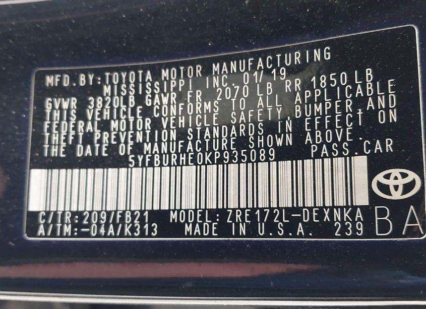 Photo 9 of 2019 Toyota Corolla LE (VIN 5YFBURHE0KP935089)