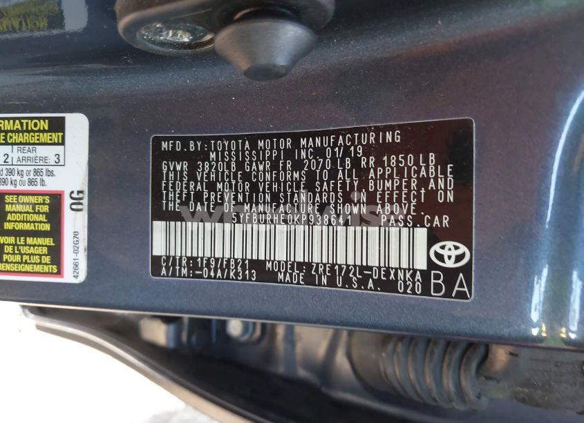 Photo 9 of 2019 Toyota Corolla LE (VIN 5YFBURHE0KP938641)