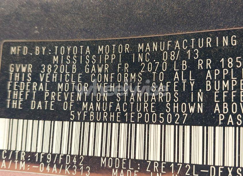 Photo 9 of 2014 Toyota Corolla L/LE/LE PLS/PRM/S/S PLS (VIN 5YFBURHE1EP005027)