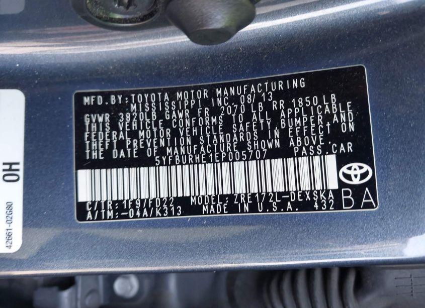 Photo 9 of 2014 Toyota Corolla L/LE/LE PLUS/LE PREMIUM/S/S PLUS/S PREMIUM (VIN 5YFBURHE1EP005707)