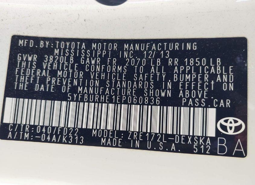 Photo 9 of 2014 Toyota Corolla (VIN 5YFBURHE1EP060836)