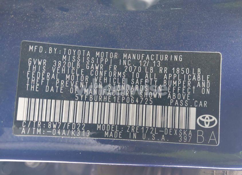 Photo 9 of 2014 Toyota Corolla S PLUS (VIN 5YFBURHE1EP064725)